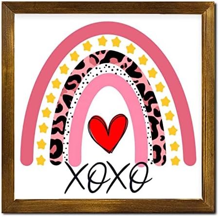 Sevgililer Günü XOXO Boho Gökkuşağı Ahşap Çerçeveli Duvar İşareti Romantik Kırmızı Kalp Kişiselleştirilmiş Çiftlik