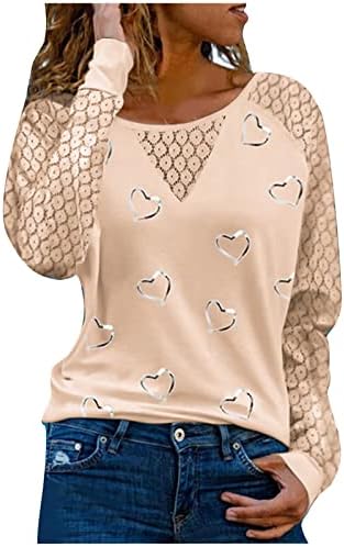 Sevimli Kalp Gömlek Kadın Dantel Uzun Kollu Üstleri sevgililer Günü için Patchwork Crewneck Tshirt Casual Gevşek Tatil