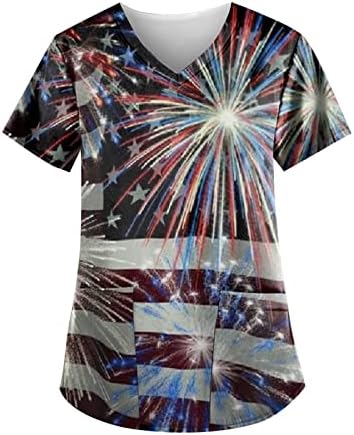 4th Temmuz Kadınlar için Tops Amerikan Bayrağı Yaz Kısa Kollu V Boyun Gömlek 2 Cepler Bluzlar Tatil Rahat İş Giysisi