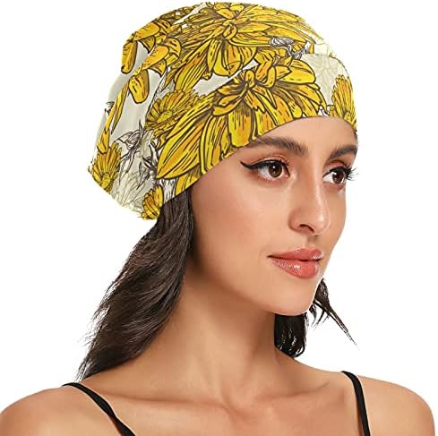 Kafatası Kap Uyku Kap Çalışma Şapka Bonnet Beanies Kadınlar için Vintage Çiçekler Çiçek Yaprakları Sarı Elle Çizilmiş