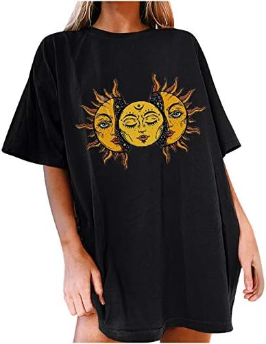 Kadın Büyük Boy Gömlek Casual Crewneck Kısa Kollu Güneş ve Ay Baskı Üstleri Gevşek Rahat Tee bluz