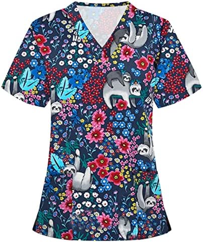 Bayan Moda Scrub_Tops İş için Sevimli Çiçek Baskılı Gömlek Renkli Kısa Kollu İş Giysisi Cepli