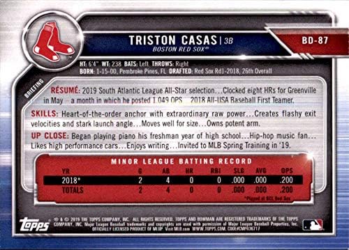 2019 Bowman Taslak Beyzbol BD-87 Triston Casas Boston Red Sox Resmi MLB Ticaret Kartı tarafından üretilen Topps