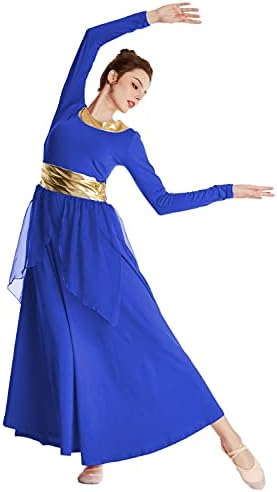 MYRİSAM Kadın Övgü Dans Elbise Liturjik Ibadet Metalik Kemer Uzun Kollu Elbise Şifon Etek Lirik Kostüm
