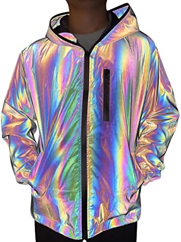 LZLRUN Gökkuşağı Yansıtıcı Ceket Kapşonlu Rüzgarlık Moda Holografik Koşu Cep Ceket Yüksek Görünürlük