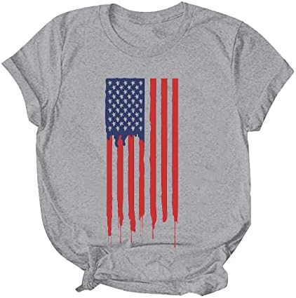 4th Temmuz Gömlek Kadın ABD Bayrağı Yaz Kısa Kollu V Yaka T Shirt Çizgili Kravat Boya Gevşek Fit Casual Parti Tee