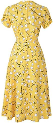 Bmısegm Bayan Çay Elbiseler Wrap Yaz Fit & Flare Casual A-Line Kısa V Boyun Flowy Çiçek Kısa Kollu Kuşaklı Elbise