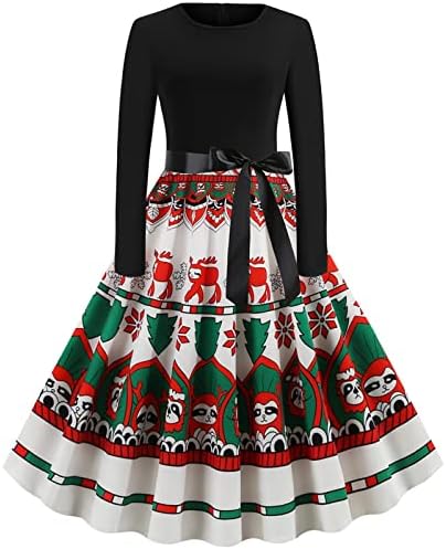 Noel Uzun Kollu Vintage Elbiseler kadın Noel Grafik Baskı Midi Elbise Rahat Salıncak 1950s Kokteyl Parti Elbise