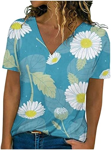 Kadınlar için yaz Üstleri, Bayan Papatya Baskılı T Gömlek Casual V Yaka Kısa Kollu Gömlek Gevşek Şık Bluz T-Shirt