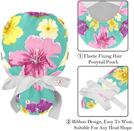 Çalışma Şapka Düğmeleri ve Kurdele Bağları Kadınlar için 2 Paket, Beyaz Çiçek Ayarlanabilir Unisex Cerrahi Kapaklar