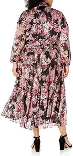Taylor Elbiseler kadın Artı Boyutu 3/4 Kollu V Yaka Çiçek Baskı Metalik Midi Gömlek Elbise