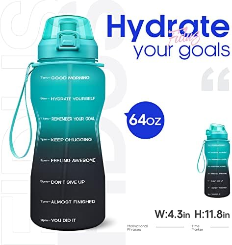 Fidus Büyük 64oz/128oz (Yarım Galon/1 Galon) Zaman İşaretli Motivasyonel Su Şişesi ve Saman, Sızdırmaz Tritan BPA