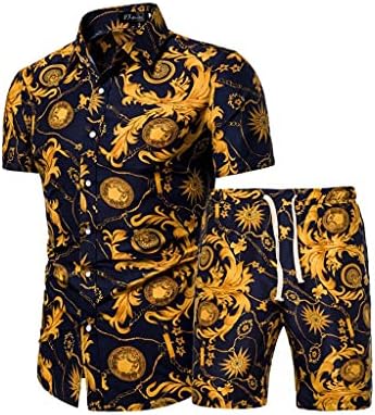 HLDETH Moda erkek Çiçek Gömlek plaj pantolonları, Çiçek Baskı erkek Kısa Kollu Pantolon Takım Elbise (Renk: Sarı,