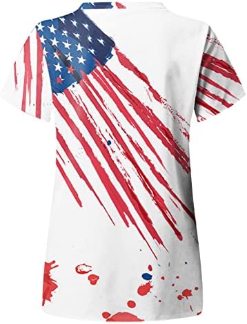 4th Temmuz T-Shirt Kadınlar için Amerikan Bayrağı Yaz Kısa Kollu V Yaka Tees 2 Cepler Bluzlar Tatil Rahat İş Giysisi