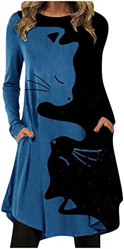 Moda Kadın yuvarlak Boyun Kedi Baskı Elbise Düzensiz Hem rahat gevşek Elbise