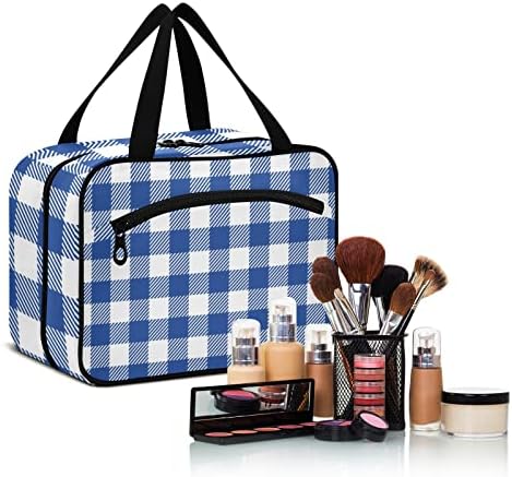 Buffalo Ekose Onay Mavi makyaj çantası Kadınlar için Seyahat makyaj çantası düzenleyici Asılı Kanca ile Kozmetik Çantaları