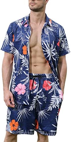 Aulemen Erkek Hawaiian Gömlek Kıyafetler Yaz Rahat Kısa Kollu Setleri Aloha Plaj Gömlek ve Şort Takım Elbise