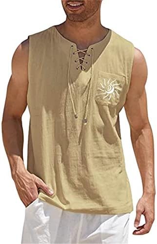 ZDDO Erkek Pamuk Keten Kolsuz Gömlek İpli V Boyun Grafik Baskı Tankı Üstleri Rahat Fit Plaj Hippi Rahat Yelek