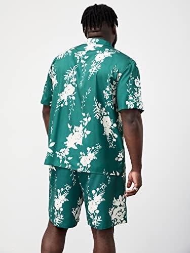 LUBOSE İki Parçalı Kıyafetler Erkekler için Erkekler Çiçek Baskı Gömlek ve Şort (Renk: Yeşil, Boyut: 4X-Large)