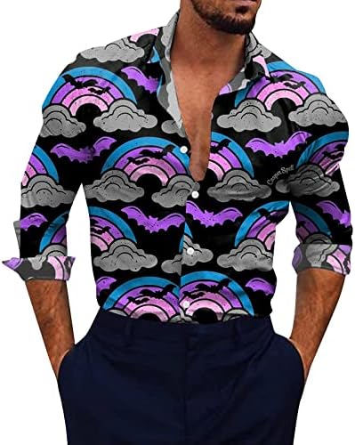 XXBR Erkek Casual Düğme Aşağı Gömlek, Cadılar Bayramı Komik Grafik Baskı Turn-aşağı Yaka havai gömleği Uzun Kollu