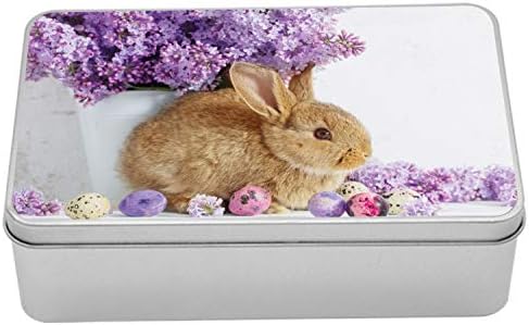 Ambesonne Paskalya Tavşanı Teneke Kutu, Leylak Çiçekleri ve Paskalya Yumurtaları ile Tavşan Fotoğrafı Bahar Mevsimi,