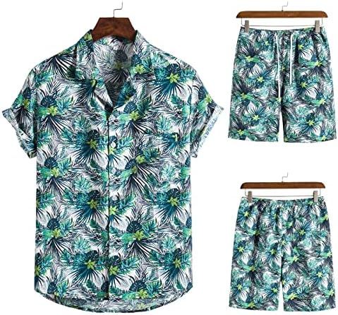 Erkek İki Parçalı Kıyafet Erkekler İlkbahar Yaz 2 Parça Setleri Plaj Baskılı Kısa Kollu Gömlek Kısa Set Üstü (Nane