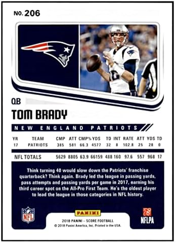 2018 Skor 206 Tom Brady New England Patriots Futbol Kartı