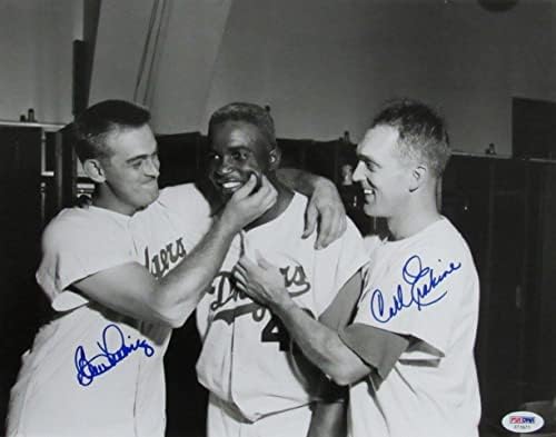 Clem Labine/Carl Erskine İmzalı 11x14 Fotoğraf w/Jackie Robinson Dodgers PSA / DNA İmzalı MLB Fotoğrafları