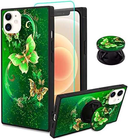 SAKUULO iPhone 11 Kılıf, [Ekran Koruyucu + Kickstand] Kare Sevimli Yeşil Kelebek Baskı Tasarım Yumuşak TPU Kenar Koruma
