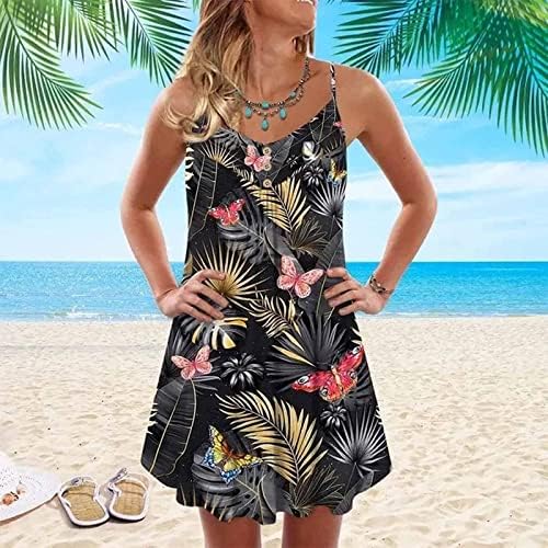 Kadın Yaz Çiçek Plaj Elbiseleri Rahat V Boyun Kolsuz Spagetti Sapanlar Sundress Tunik Pilili Salıncak Düğmeleri Mini