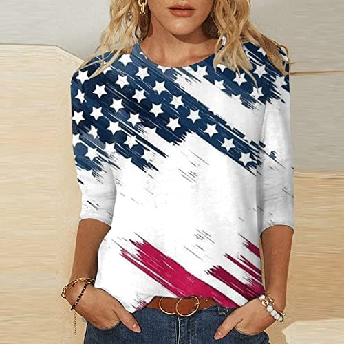 4th Temmuz Gömlek Kadınlar için Amerikan Bayrağı Yaz 3/4 Kollu Crewneck T Shirt Üç Çeyrek Kollu Tatil Rahat Bluzlar