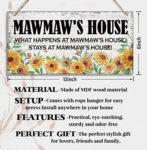 Vintage Mawmaw'ın Evi Mawmaw'ın Evinde Ne Olur, Mawmaw'ın Evinde Kalır Ahşap Dekor Tabelası, Asılı Baskılı Ahşap Plak