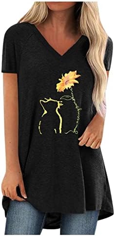 Dışarı çıkmak Kadınlar için Tops, gevşek Kısa Kollu T Shirt Egzersiz Ayçiçeği Kedi Baskı V Boyun Bluz Casual Tişörtleri