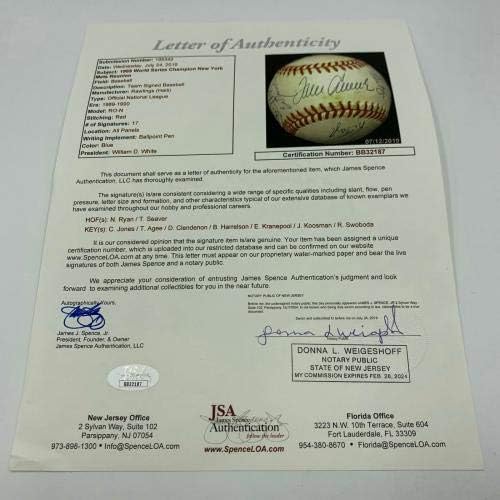 1969 New York Mets WS Şampiyonlar Takımı Beyzbol Tom Seaver Nolan Ryan JSA COA İmzalı Beyzbol Topları İmzaladı