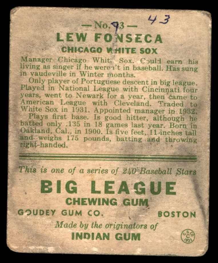 1933 Goudey 43 Lew Fonseca Chicago White Sox (Beyzbol Kartı) ADİL Beyaz Sox