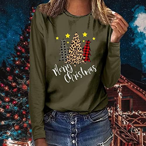 Genç Kızlar Merry Christmas Uzun Kollu Üstleri, Bayan Leopar Ekose Noel Ağaçları Tişörtü Hımbıl Kazak Bluzlar