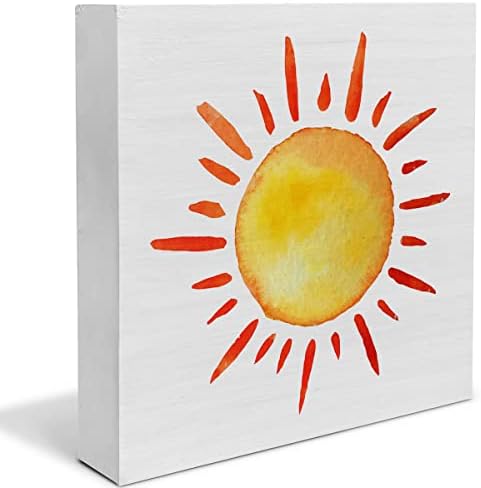 Ülke Güneş Ahşap kutu işareti Dekor Masa İşareti Suluboya Güneş Güneş Ahşap Kutu Blok İşareti Rustik Ev Ofis Raf Duvar