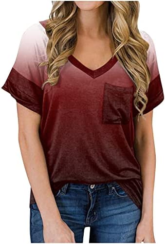 Kadın Bluzlar Moda 2023 V Yaka Rahat Baskı Cep kısa kollu tişört Üst Tişörtleri Gömlek