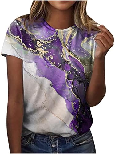 Genç Kız Colorblock Mermer Baskı Üstleri Crewneck Bluz Tee Kısa Kollu Casual Güz Yaz Üstleri Giyim Moda OE