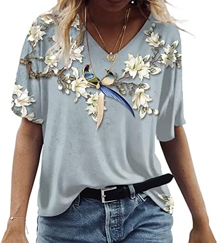 NOKMOPO kadın Gömlek Kısa Kollu Moda Rahat Dijital Baskı Çiçek ve Kuş Kısa Kollu bol tişört Üst