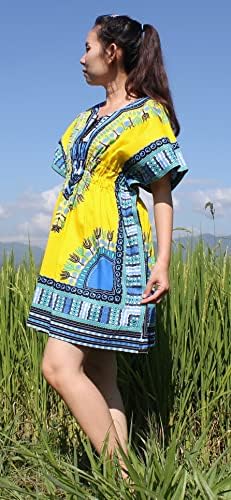 RaanPahMuang Dashiki Renkli Gömlek Kadın Kısa Kollu Elastik Bel Açık Yaka