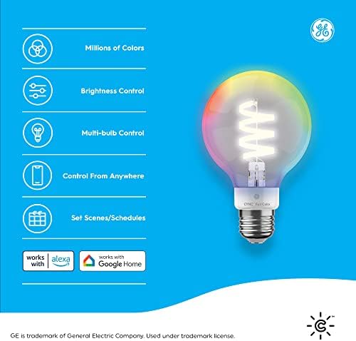 GE Aydınlatma CYNC Akıllı LED ampuller, Renk Değiştirme, Bluetooth ve Wi-Fi, Alexa ve Google Home ile Çalışır, G25