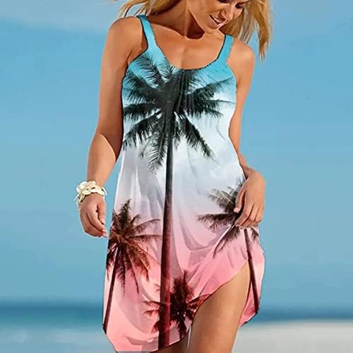 Kadın Rahat Kolsuz Çiçek Mini Elbise Tropikal Baskı Yaz Plaj Tunik Tankı Elbiseler Kısa Yensiz